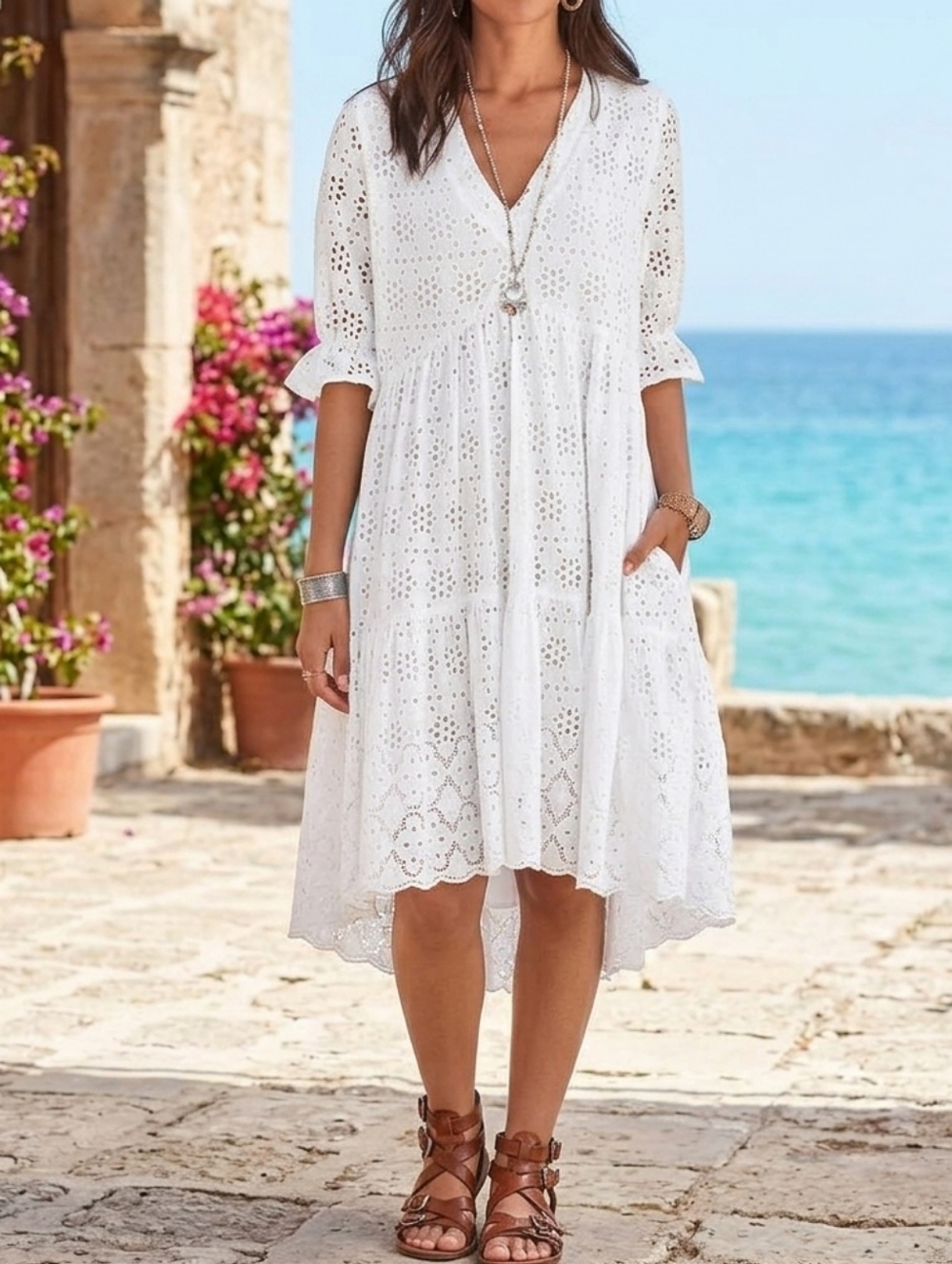 Sundance  Jasmin White Eyelet Embroidered Bohemian Tiered Midi Dress Size Med
